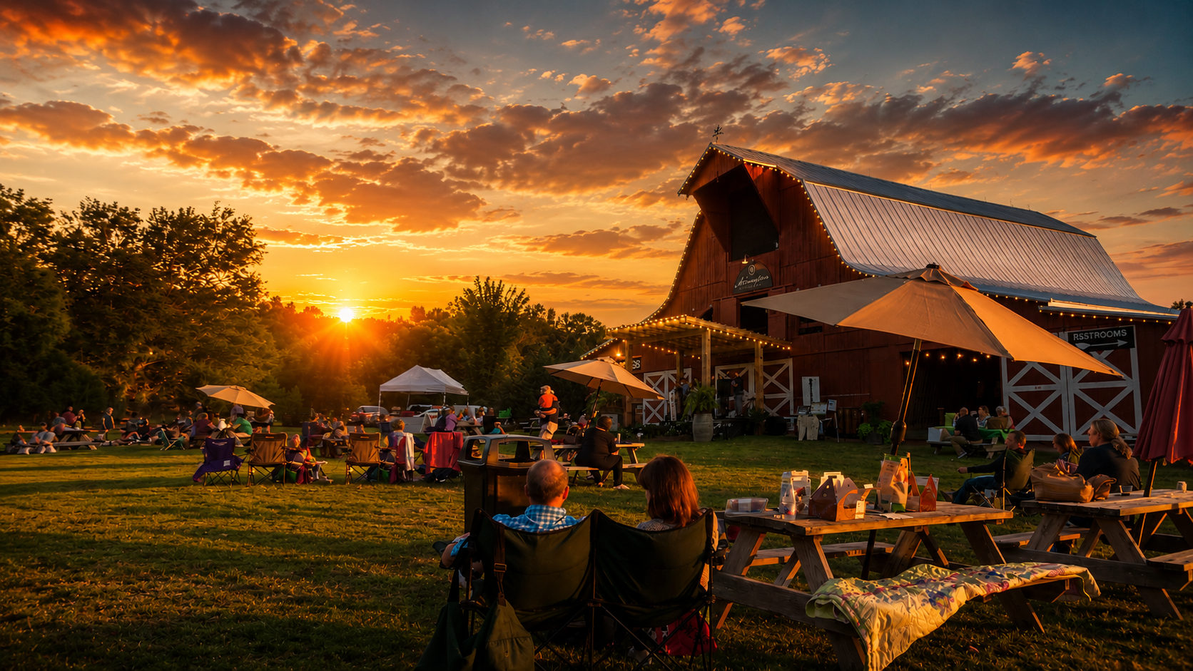 Sunset at Arrington Vineyards with a red barn, string lights, picnic tables, and guests enjoying the Tennessee countryside